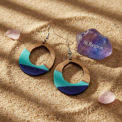 Aqua Resin & Wood Silvertone Open Teardrop Hook Earrings - Street Region