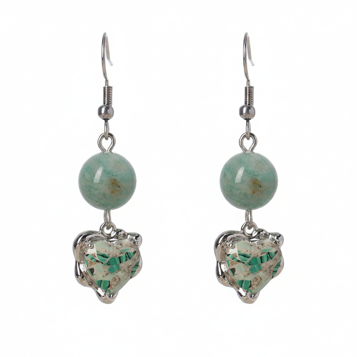 Seafoam Green Jade & Quartz Silvertone Heart Hook Earrings - Street Region