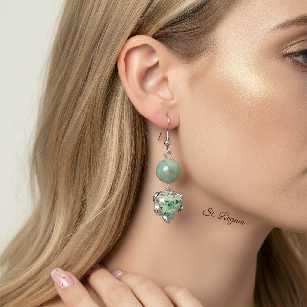 Seafoam Green Jade & Quartz Silvertone Heart Hook Earrings - Street Region