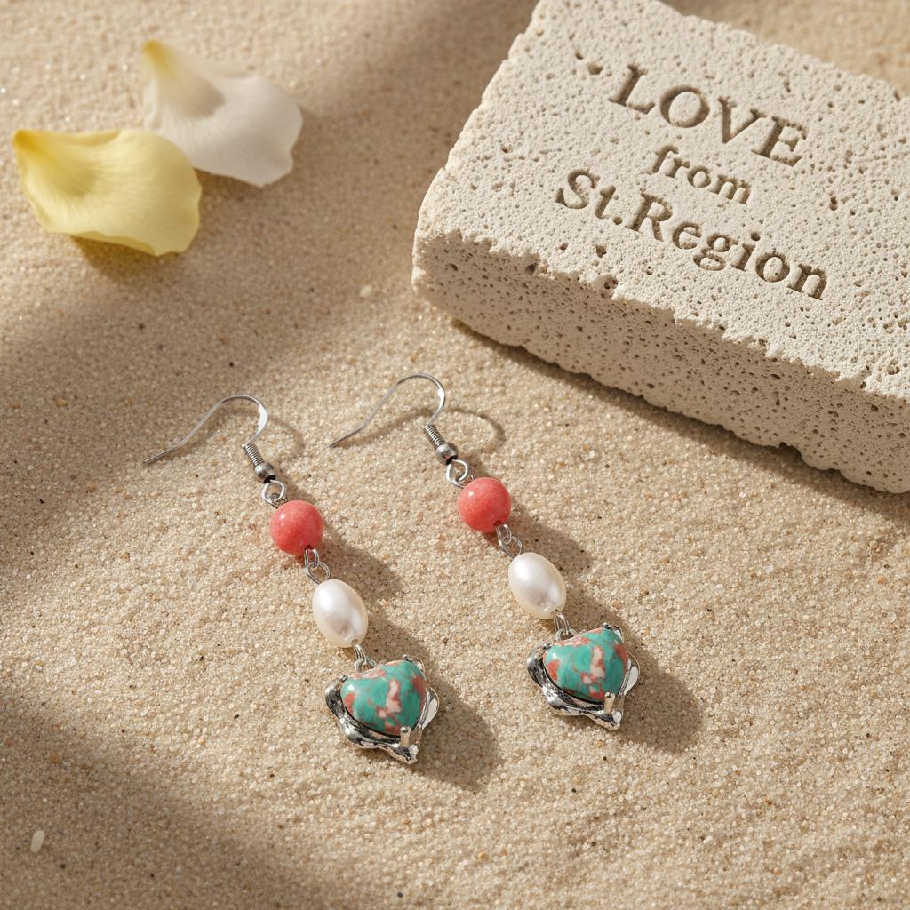 Pink Jade and Turqouise Pearl Silvertone Heart Hook Earrings, silver drop earrings for women, lifestyle look