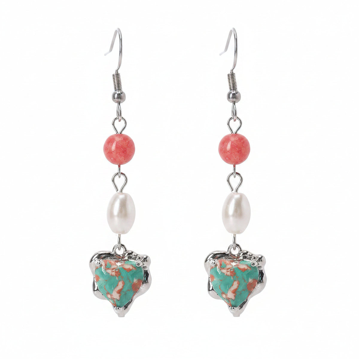 Pink Jade & Turqouise Pearl Silvertone Heart Hook Earrings - Street Region