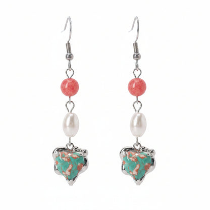 Pink Jade & Turqouise Pearl Silvertone Heart Hook Earrings - Street Region