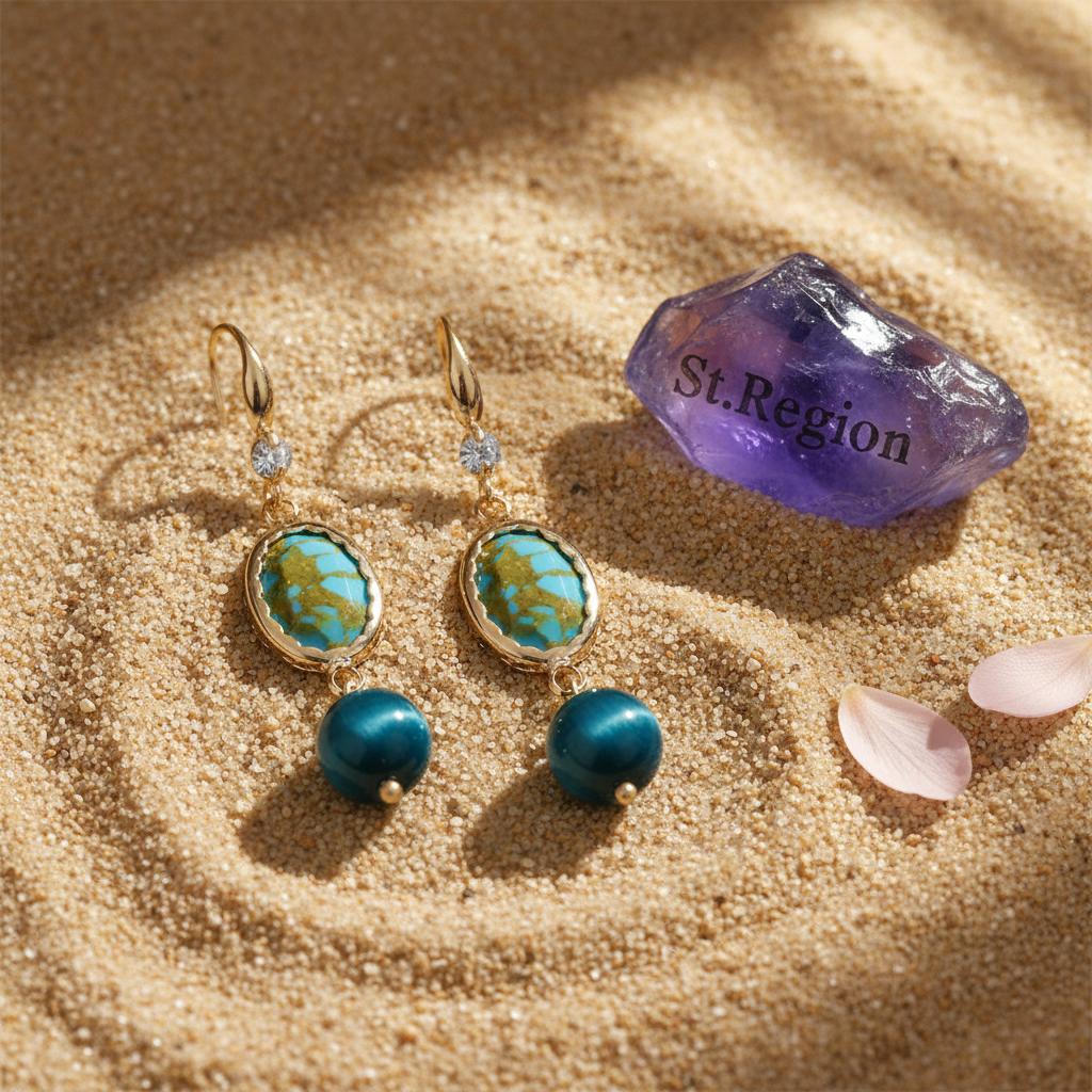 Peacock-Blue Jade and Turqouise Cubic Zirconia Goldtone Oval Round Hook Earrings, gold drop earrings for women, detail clo...