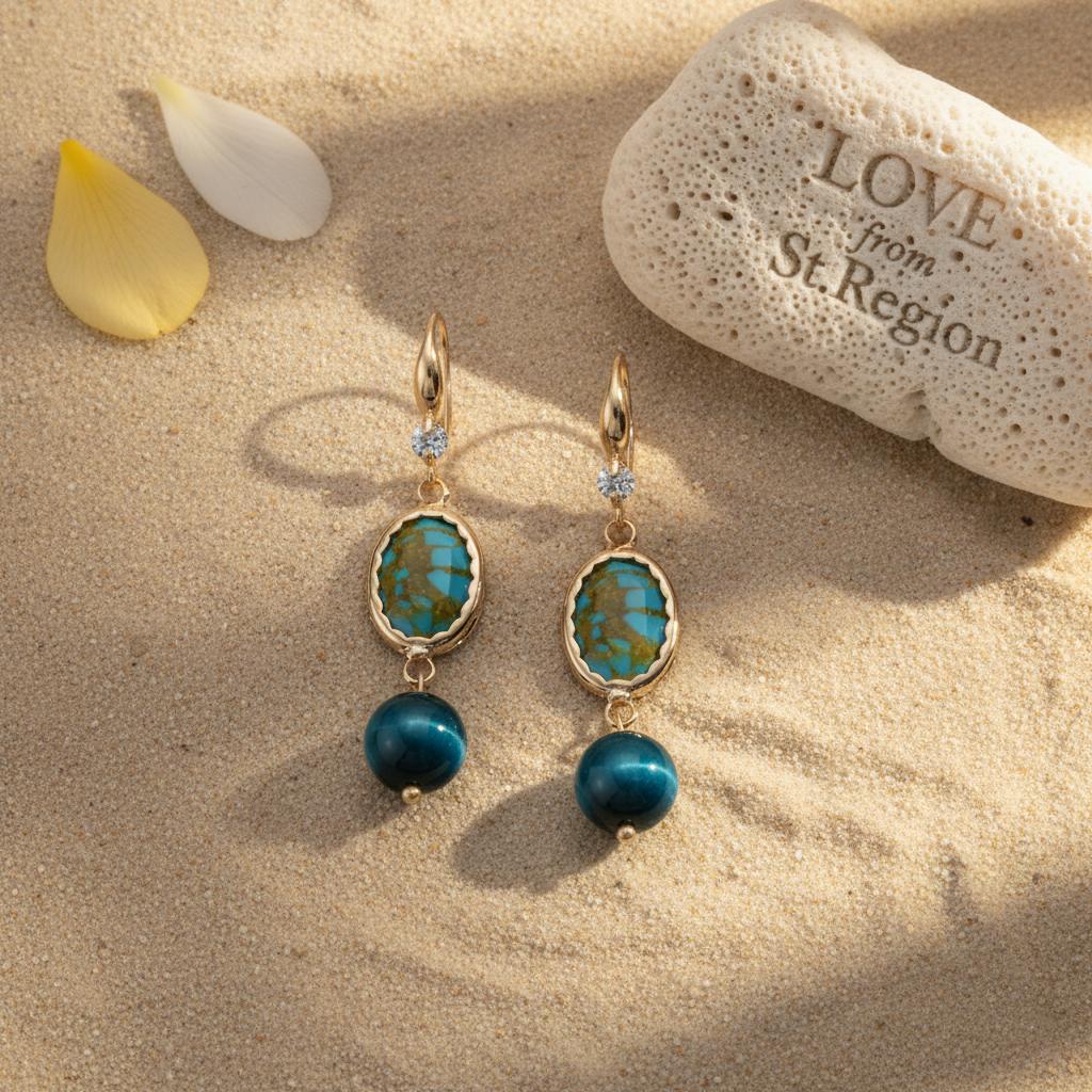 Peacock-Blue Jade and Turqouise Cubic Zirconia Goldtone Oval Round Hook Earrings, gold drop earrings for women, lifestyle...