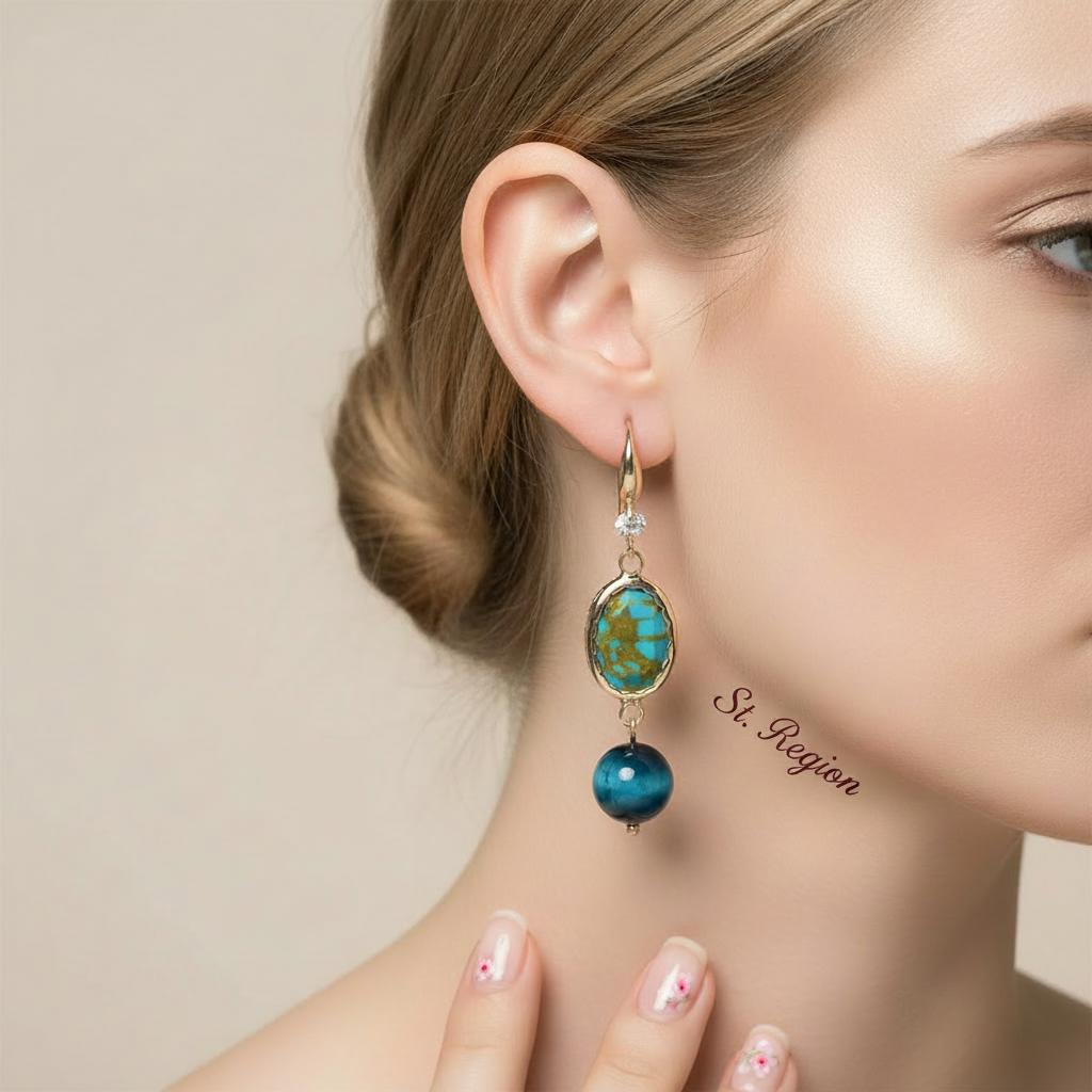 Peacock-Blue Jade and Turqouise Cubic Zirconia Goldtone Oval Round Hook Earrings, gold drop earrings for women, styled look