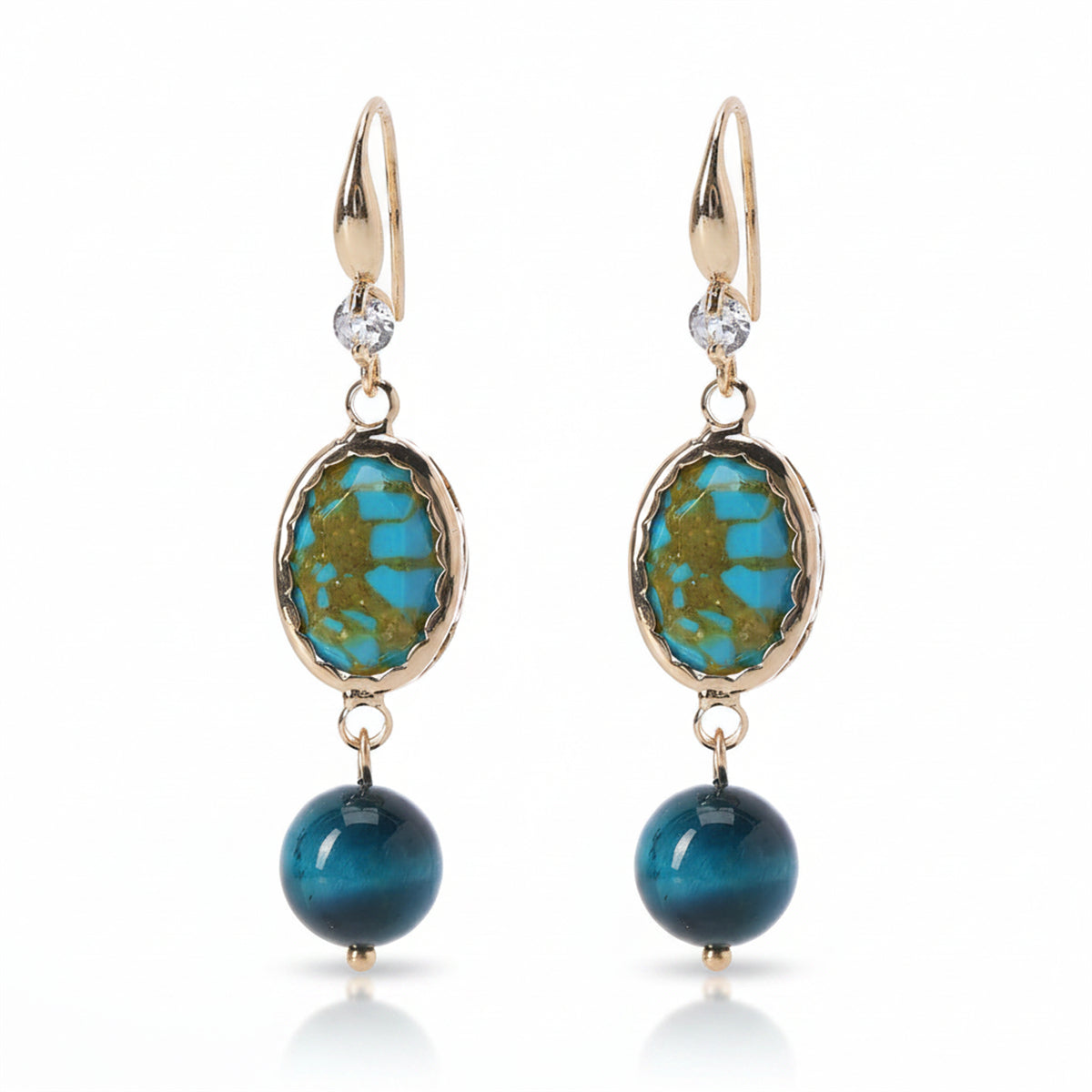 Peacock-Blue Jade & Turqouise Cubic Zirconia Goldtone Oval Round Hook Earrings - Street Region