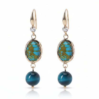 Peacock-Blue Jade & Turqouise Cubic Zirconia Goldtone Oval Round Hook Earrings - Street Region