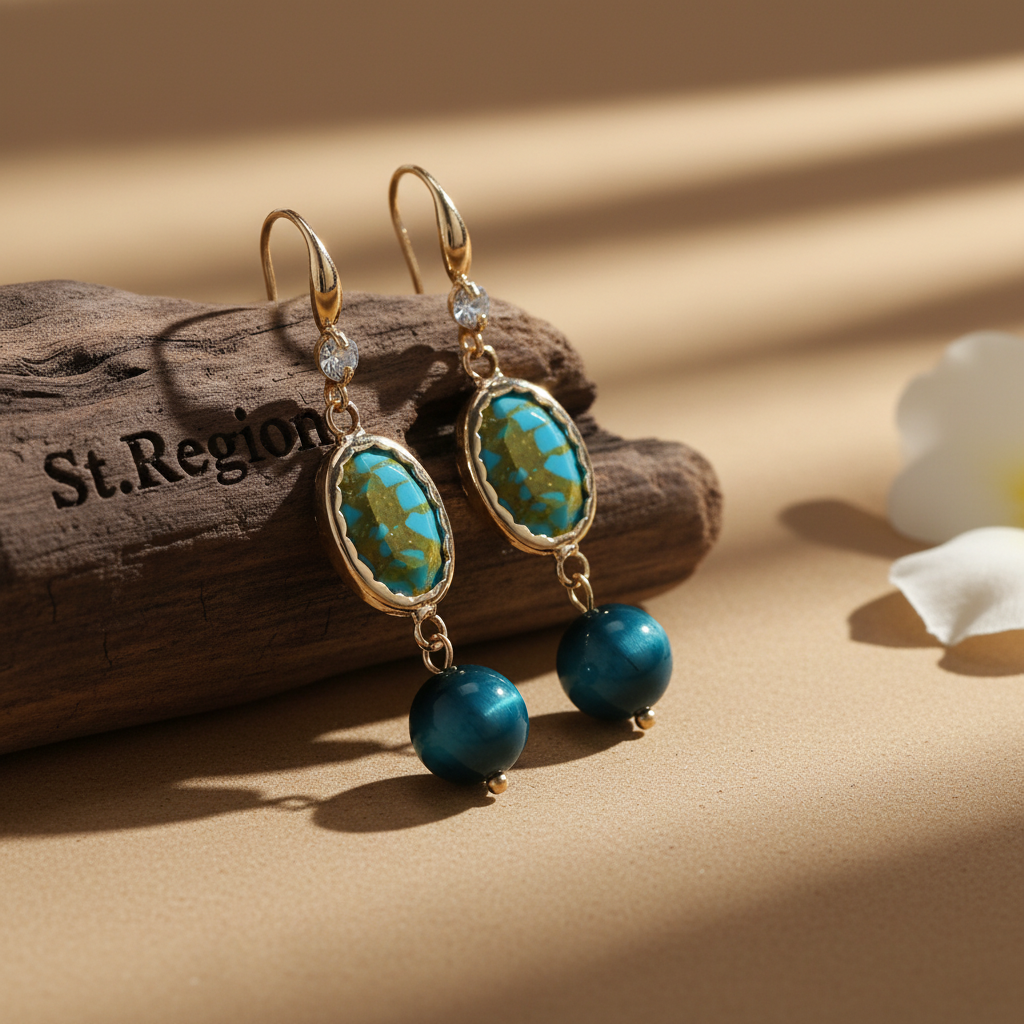Peacock-Blue Jade & Turqouise Cubic Zirconia Goldtone Oval Round Hook Earrings - Street Region