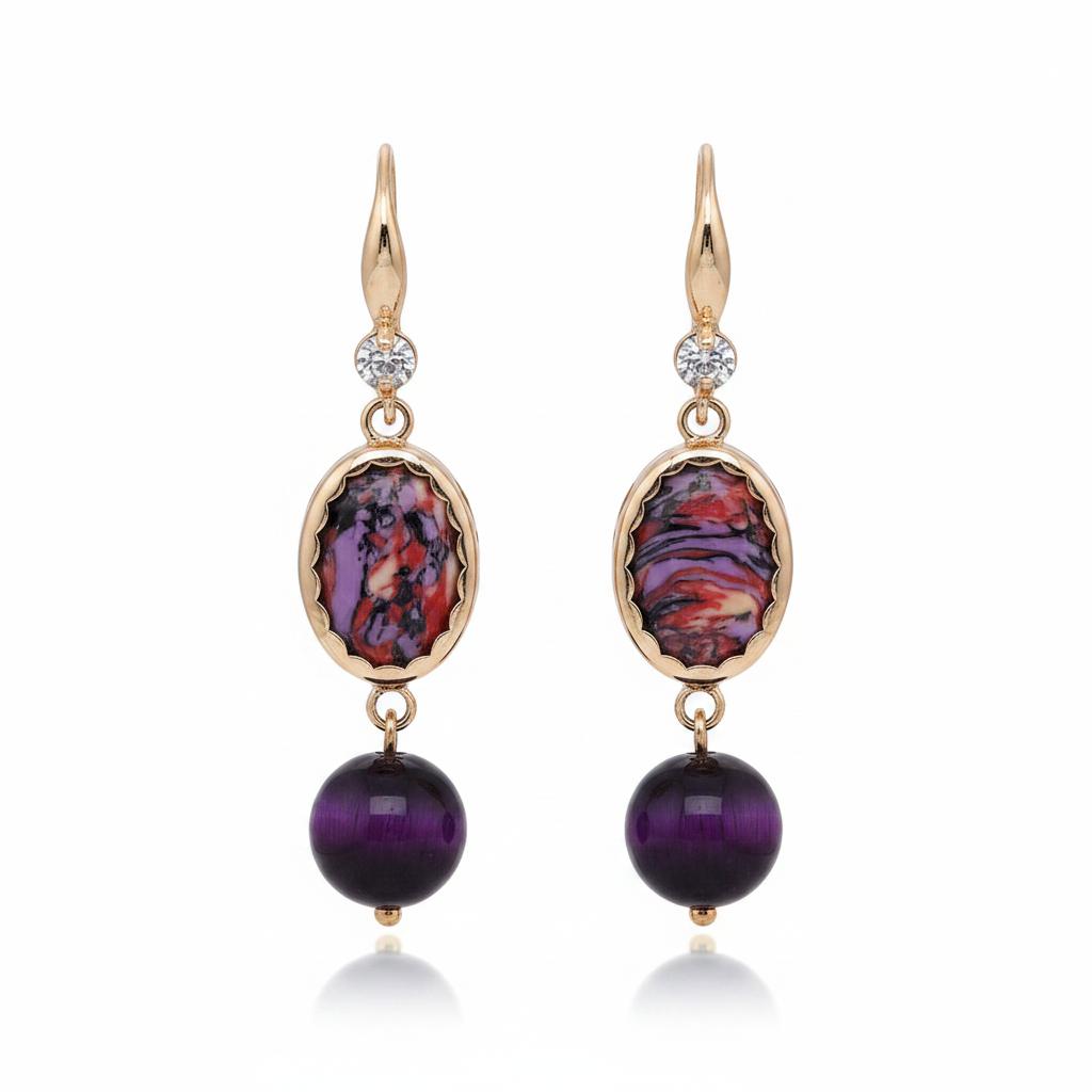 Royal Purple Jade and Turqouise Cubic Zirconia Goldtone Oval Round Hook Earrings, gold drop earrings for women, side view