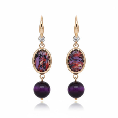 Royal Purple Jade and Turqouise Cubic Zirconia Goldtone Oval Round Hook Earrings, gold drop earrings for women, side view