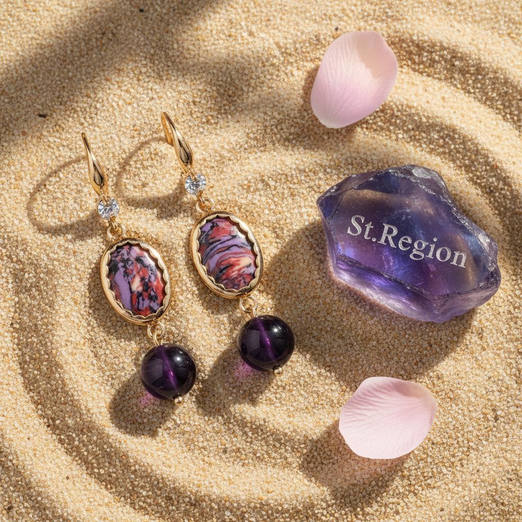 Royal Purple Jade and Turqouise Cubic Zirconia Goldtone Oval Round Hook Earrings, gold drop earrings for..., detail close-up