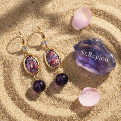 Royal Purple Jade and Turqouise Cubic Zirconia Goldtone Oval Round Hook Earrings, gold drop earrings for..., detail close-up