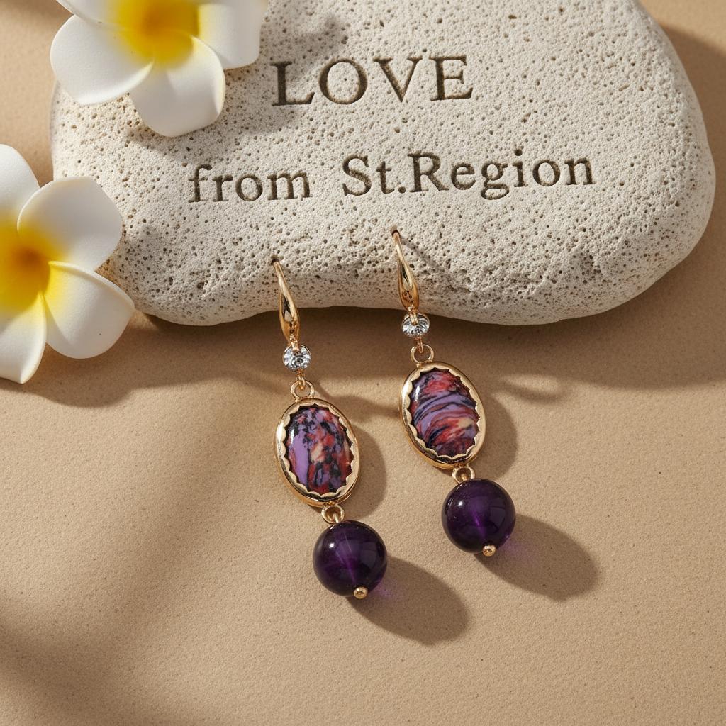 Royal Purple Jade and Turqouise Cubic Zirconia Goldtone Oval Round Hook Earrings, gold drop earrings for..., lifestyle look