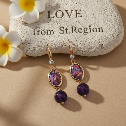 Royal Purple Jade and Turqouise Cubic Zirconia Goldtone Oval Round Hook Earrings, gold drop earrings for..., lifestyle look