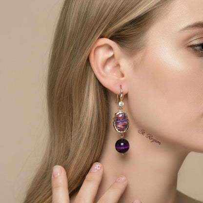 Royal Purple Jade and Turqouise Cubic Zirconia Goldtone Oval Round Hook Earrings, gold drop earrings for women, styled look