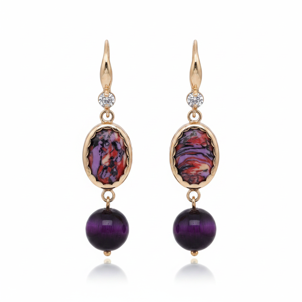 Royal Purple Jade & Turqouise Cubic Zirconia Goldtone Oval Round Hook Earrings - Street Region