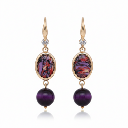Royal Purple Jade & Turqouise Cubic Zirconia Goldtone Oval Round Hook Earrings - Street Region