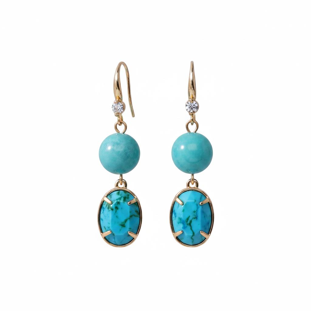 Green Turqouise and Jade Cubic Zirconia Goldtone Oval Round Hook Earrings, gold drop earrings for women, side view