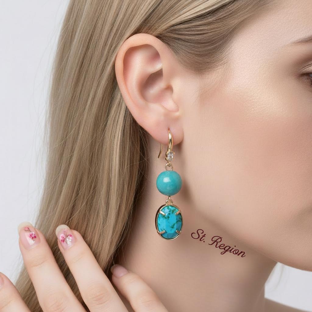 Green Turqouise and Jade Cubic Zirconia Goldtone Oval Round Hook Earrings, gold drop earrings for women, styled look