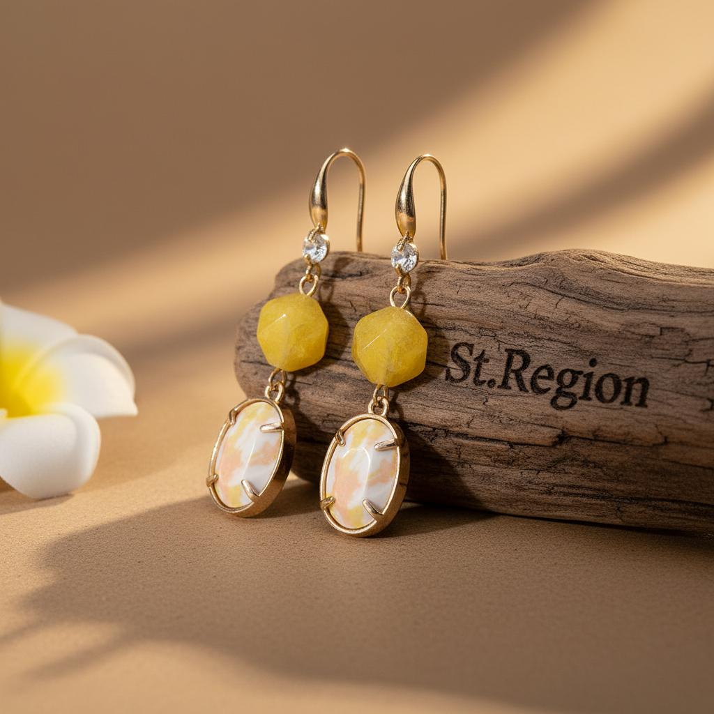 Yellow Turqouise and Jade Cubic Zirconia Goldtone Oval Round Hook Earrings, gold drop earrings for women, front view