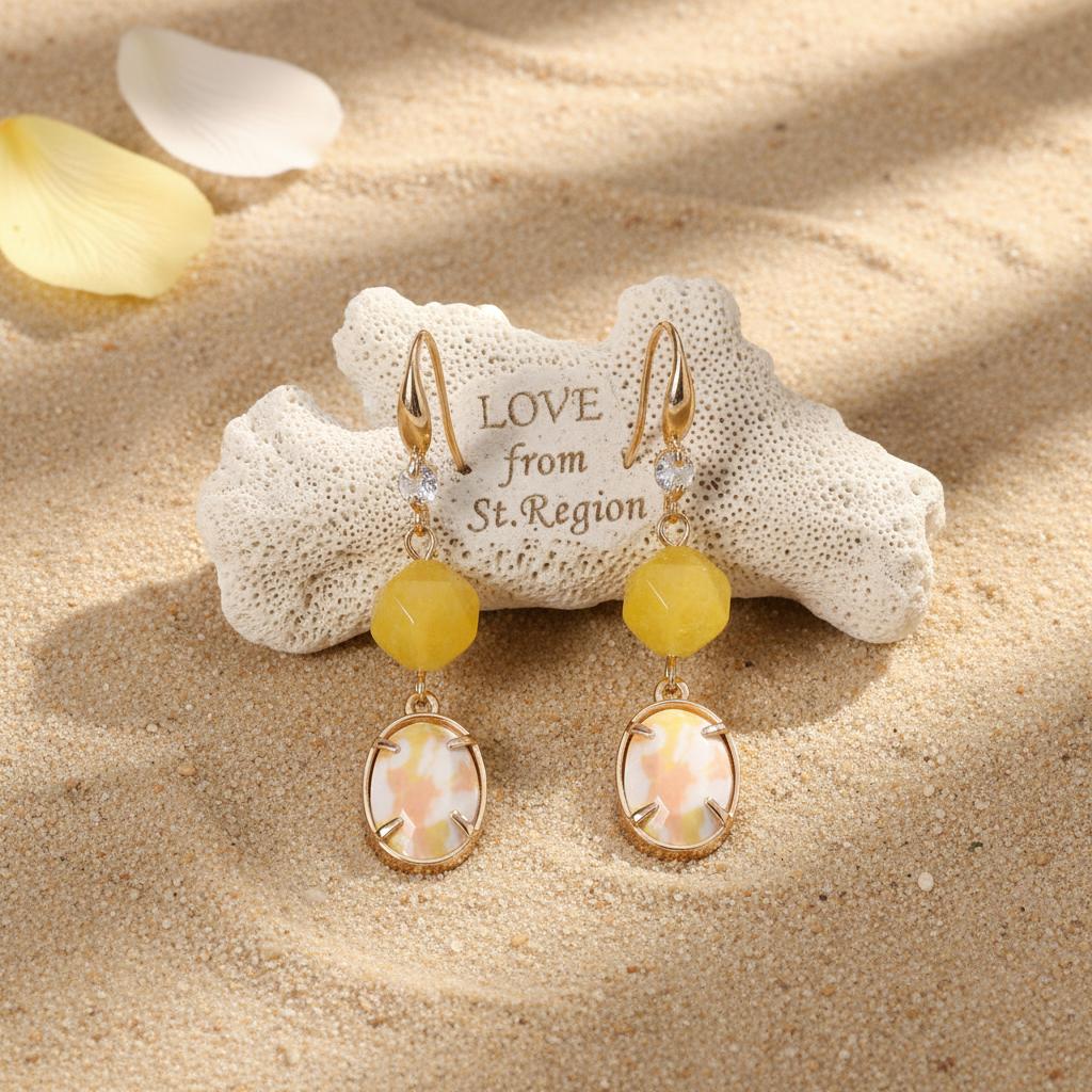 Yellow Turqouise and Jade Cubic Zirconia Goldtone Oval Round Hook Earrings, gold drop earrings for women, lifestyle look