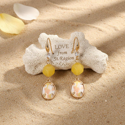 Yellow Turqouise and Jade Cubic Zirconia Goldtone Oval Round Hook Earrings, gold drop earrings for women, lifestyle look
