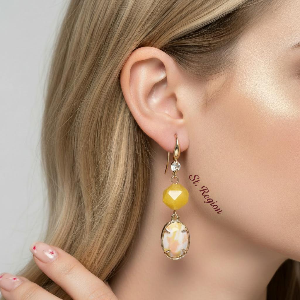 Yellow Turqouise and Jade Cubic Zirconia Goldtone Oval Round Hook Earrings, gold drop earrings for women, styled look