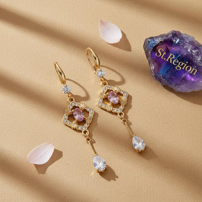 Pink Crystal and Cubic Zirconia Goldtone Rhombus Drop Dangle Earrings, gold drop earrings for women, detail close-up