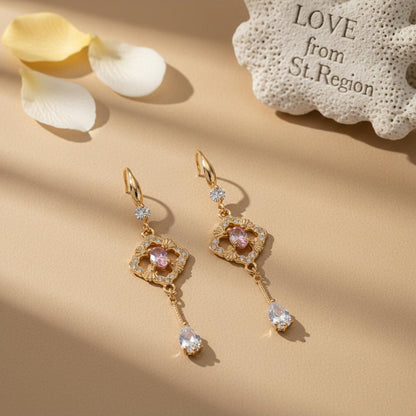 Pink Crystal and Cubic Zirconia Goldtone Rhombus Drop Dangle Earrings, gold drop earrings for women, lifestyle look