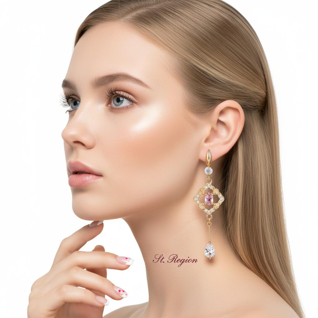 Pink Crystal and Cubic Zirconia Goldtone Rhombus Drop Dangle Earrings, gold drop earrings for women, styled look