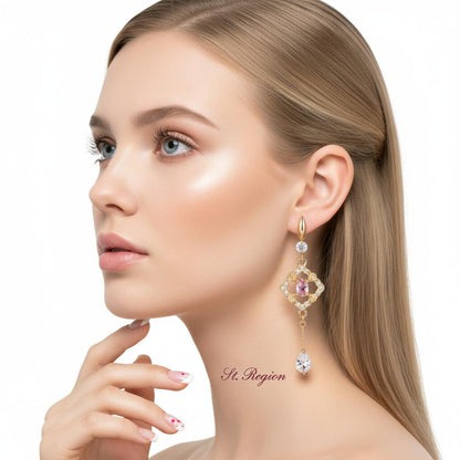 Pink Crystal and Cubic Zirconia Goldtone Rhombus Drop Dangle Earrings, gold drop earrings for women, styled look