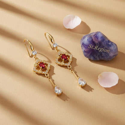 Red Crystal and Cubic Zirconia Goldtone Rhombus Drop Dangle Earrings, gold drop earrings for women, detail close-up