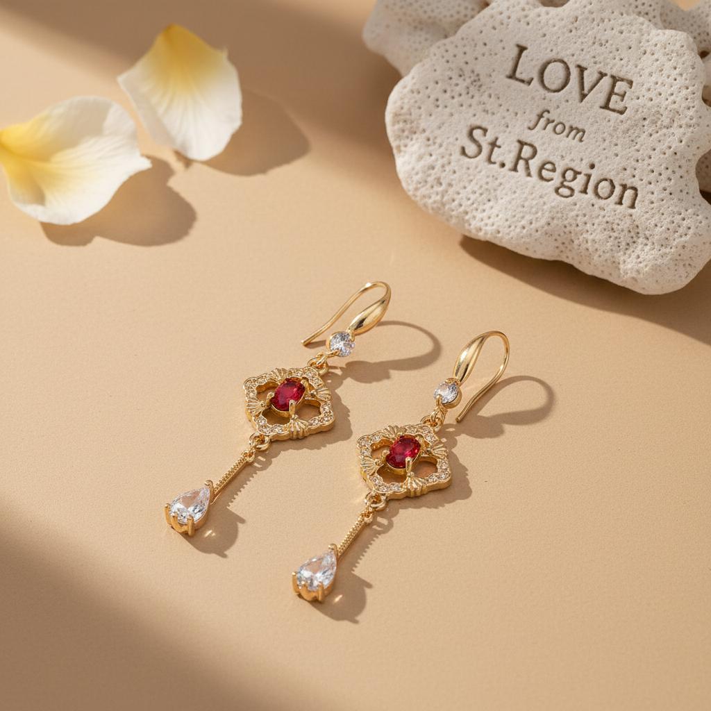 Red Crystal and Cubic Zirconia Goldtone Rhombus Drop Dangle Earrings, gold drop earrings for women, lifestyle look