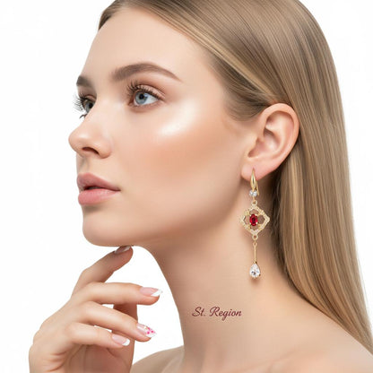 Red Crystal and Cubic Zirconia Goldtone Rhombus Drop Dangle Earrings, gold drop earrings for women, styled look