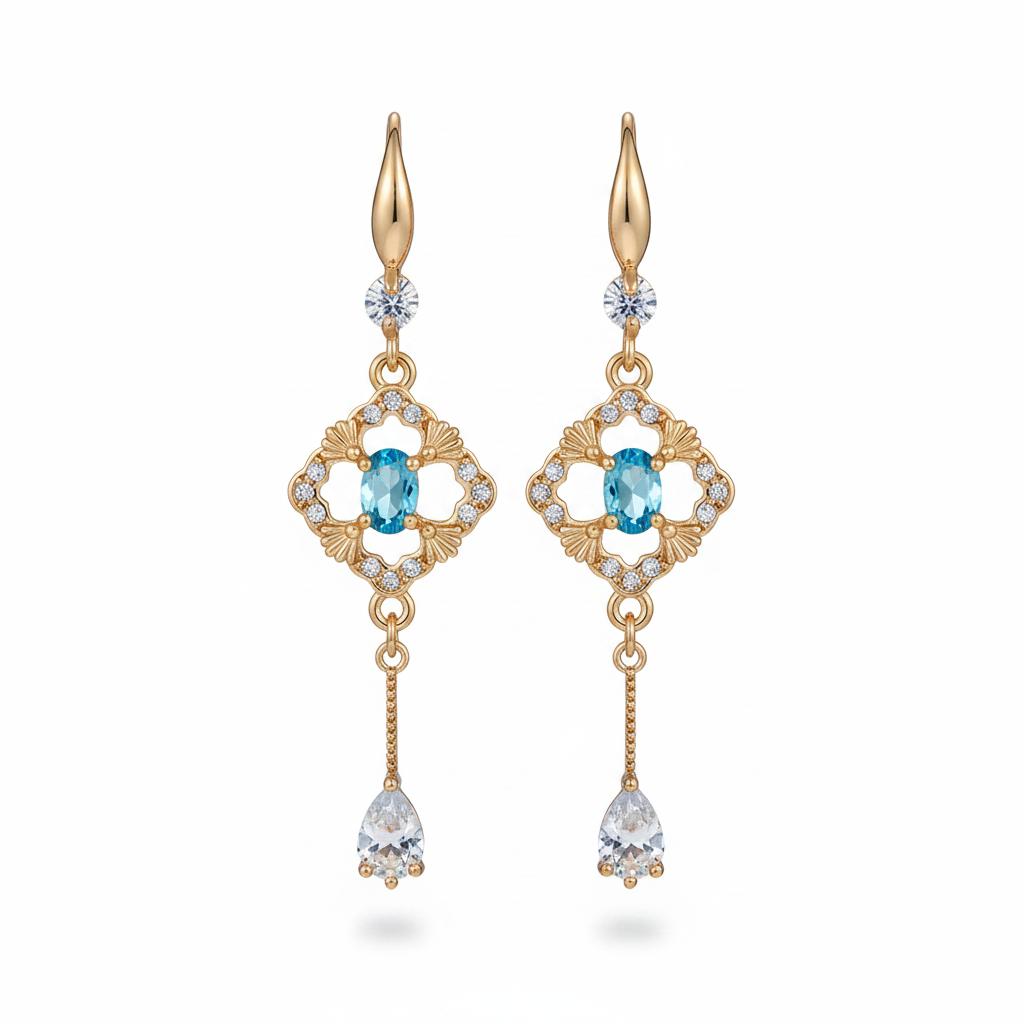 Sea Blue Crystal and Cubic Zirconia Goldtone Rhombus Drop Dangle Earrings, gold drop earrings for women, side view