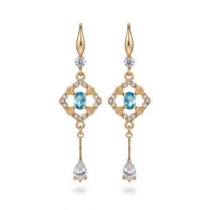 Sea Blue Crystal and Cubic Zirconia Goldtone Rhombus Drop Dangle Earrings, gold drop earrings for women, side view