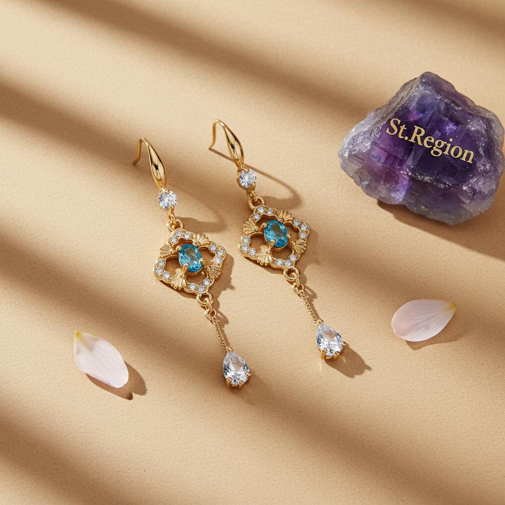 Sea Blue Crystal and Cubic Zirconia Goldtone Rhombus Drop Dangle Earrings, gold drop earrings for women, detail close-up