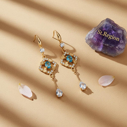 Sea Blue Crystal and Cubic Zirconia Goldtone Rhombus Drop Dangle Earrings, gold drop earrings for women, detail close-up