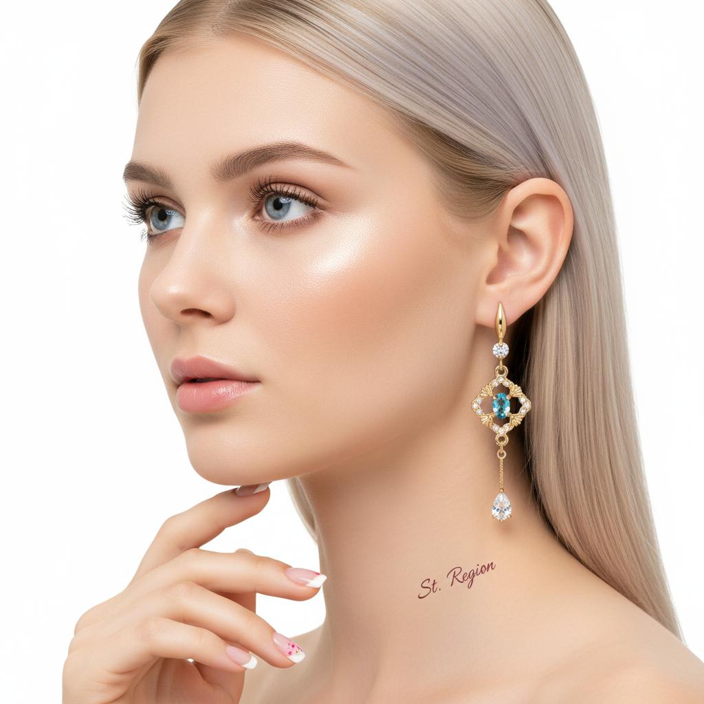 Sea Blue Crystal and Cubic Zirconia Goldtone Rhombus Drop Dangle Earrings, gold drop earrings for women, styled look