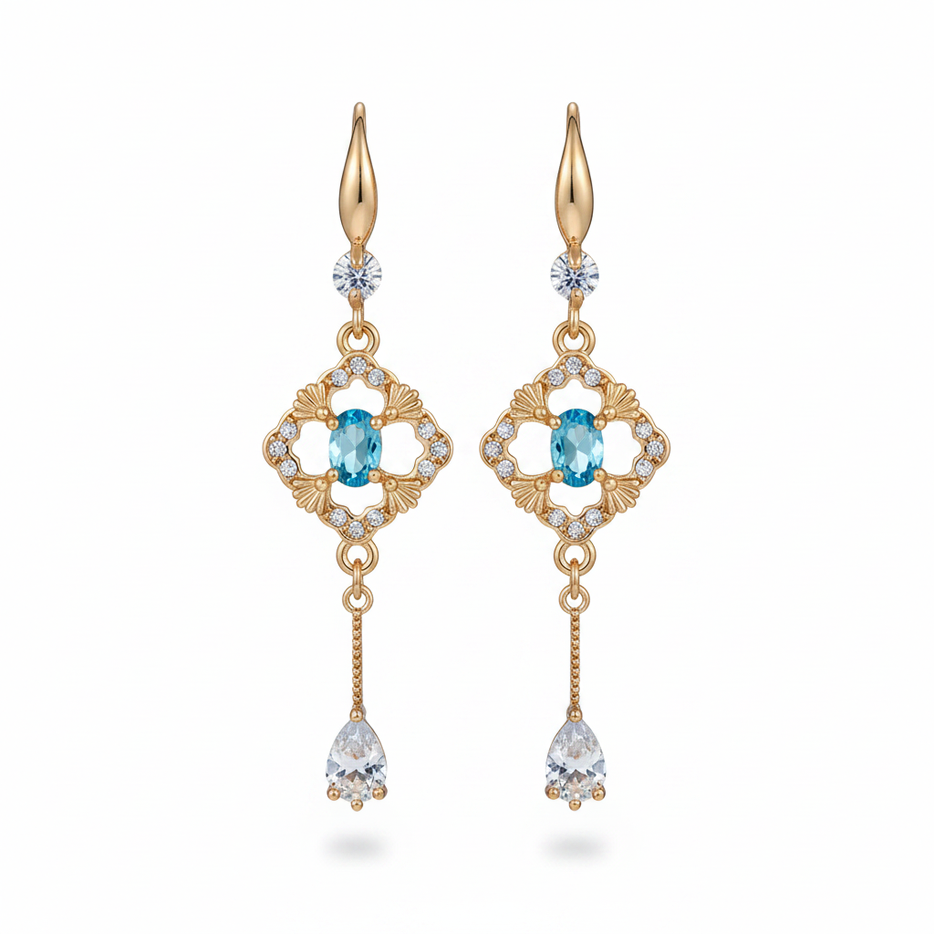 Sea Blue Crystal & Cubic Zirconia Goldtone Rhombus Drop Dangle Earrings - Street Region
