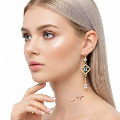 Sea Blue Crystal & Cubic Zirconia Goldtone Rhombus Drop Dangle Earrings - Street Region