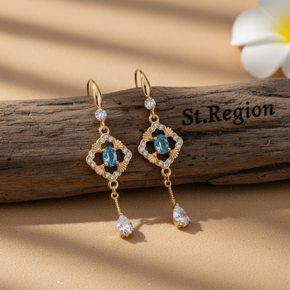 Sea Blue Crystal & Cubic Zirconia Goldtone Rhombus Drop Dangle Earrings - Street Region