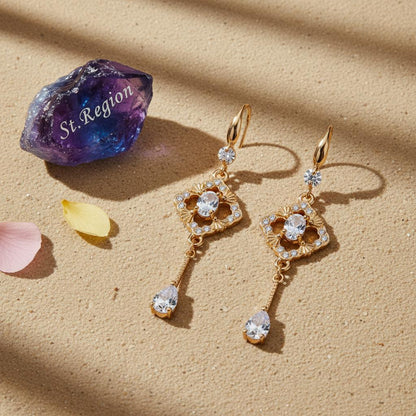 White Crystal and Cubic Zirconia Goldtone Rhombus Drop Dangle Earrings, gold drop earrings for women, detail close-up