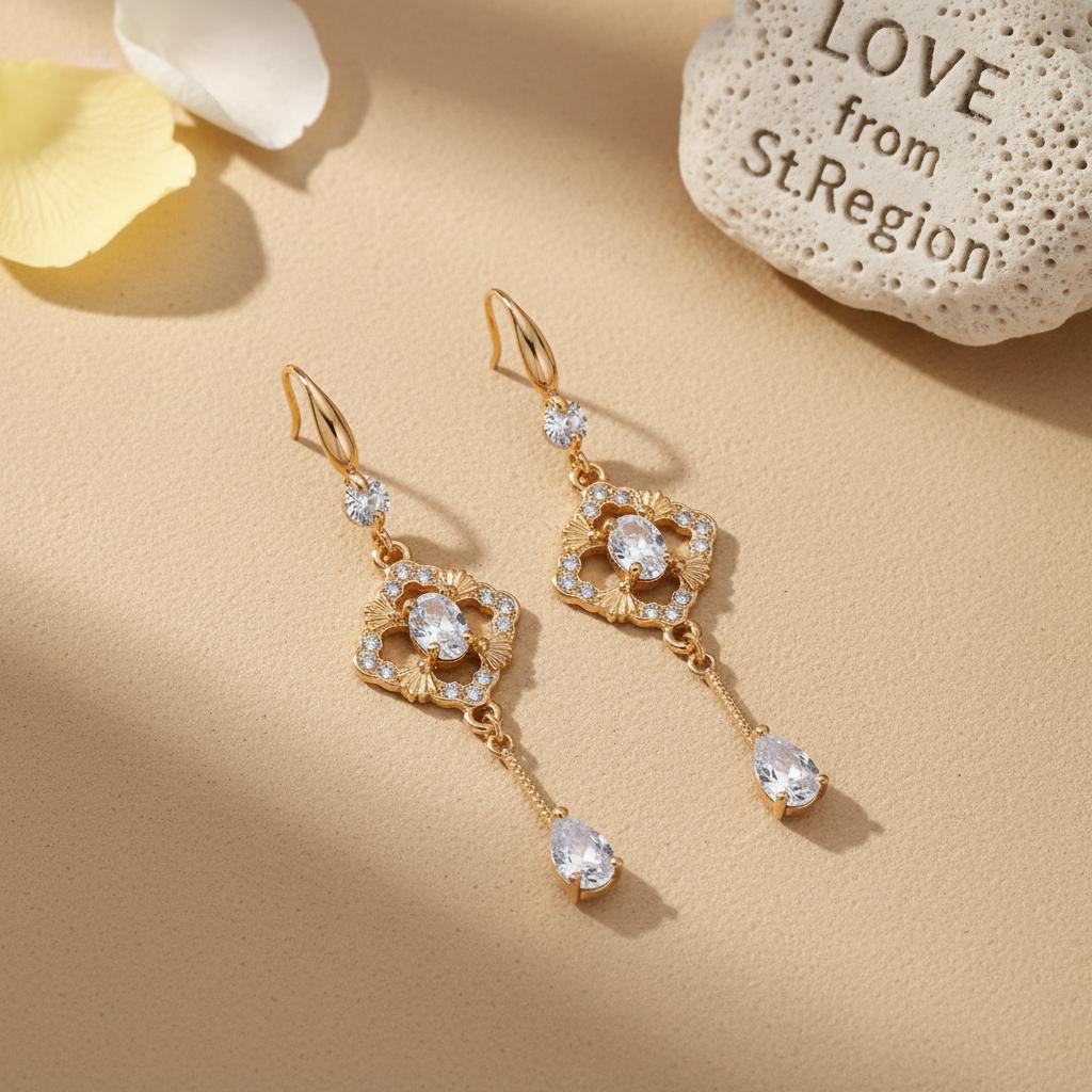 White Crystal and Cubic Zirconia Goldtone Rhombus Drop Dangle Earrings, gold drop earrings for women, lifestyle look