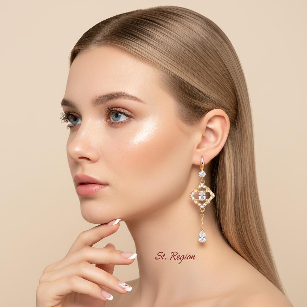 White Crystal and Cubic Zirconia Goldtone Rhombus Drop Dangle Earrings, gold drop earrings for women, styled look
