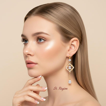 White Crystal and Cubic Zirconia Goldtone Rhombus Drop Dangle Earrings, gold drop earrings for women, styled look
