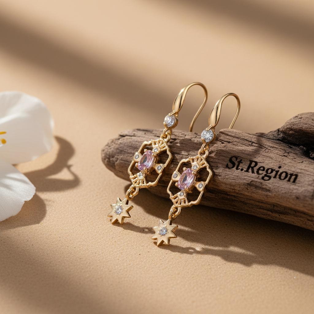 Pink Crystal and Cubic Zirconia Goldtone Scalloped Edge Starburst Hook Earrings, gold drop earrings for women, front view