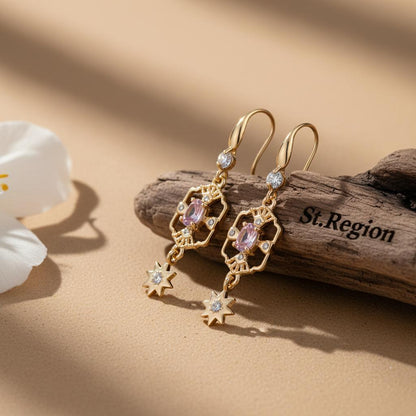Pink Crystal and Cubic Zirconia Goldtone Scalloped Edge Starburst Hook Earrings, gold drop earrings for women, front view