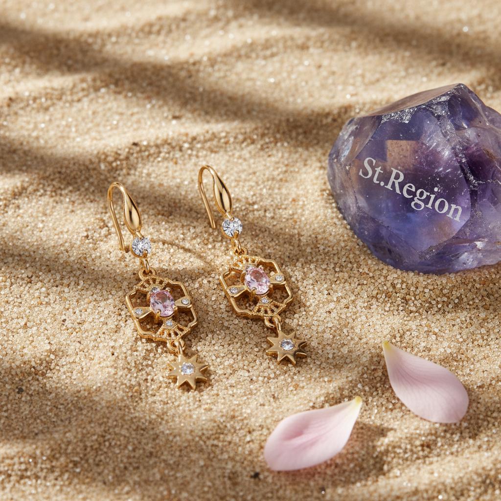 Pink Crystal and Cubic Zirconia Goldtone Scalloped Edge Starburst Hook Earrings, gold drop earrings for..., detail close-up