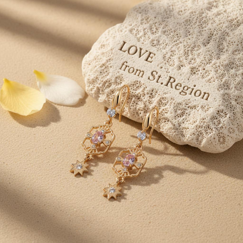 Pink Crystal and Cubic Zirconia Goldtone Scalloped Edge Starburst Hook Earrings, gold drop earrings for women, lifestyle look